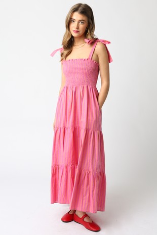 Orange Fushia Striped Smocked Maxi