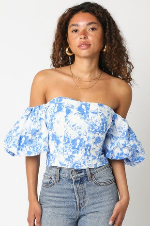 Blue Floral Bubble Sleeve Top