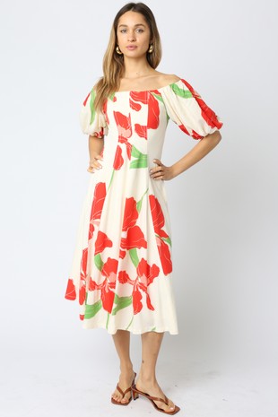 Red Print Bubble Sleeve Dress