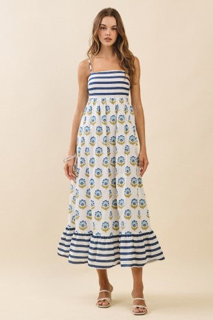 Striped & Floral Print Midi