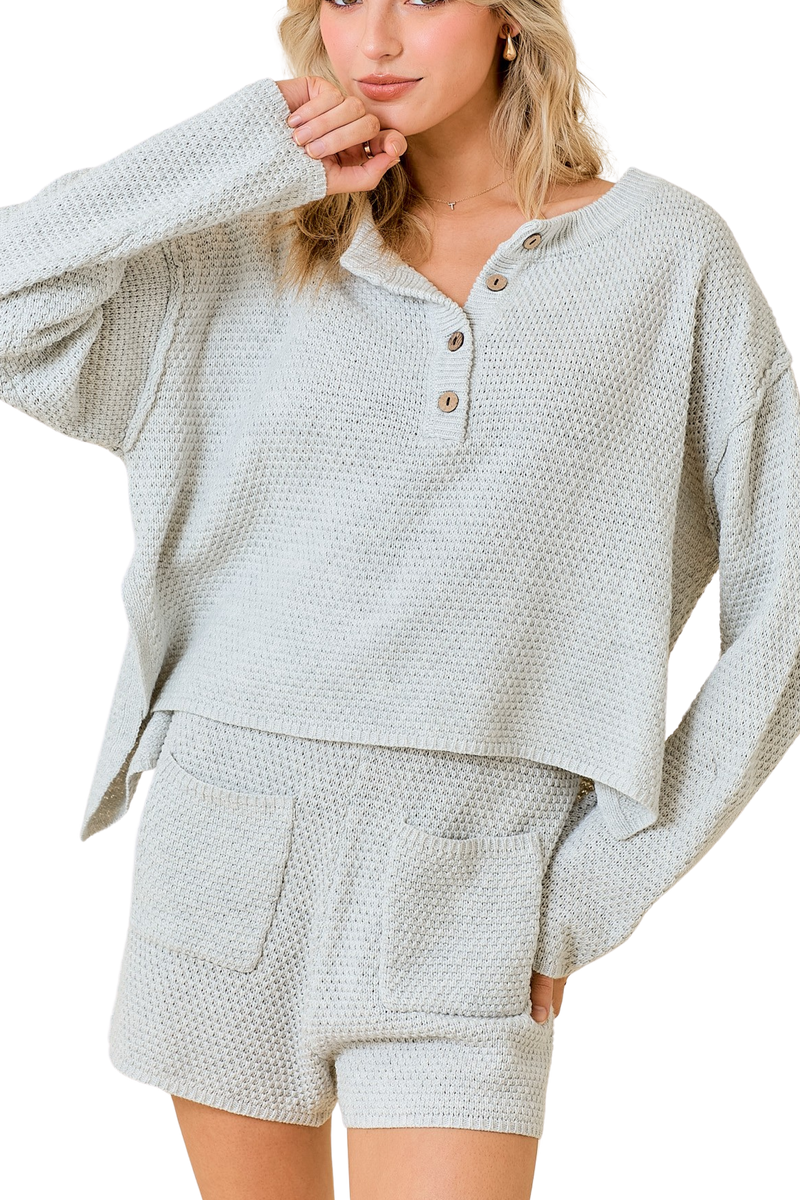 Knit Henley Sweater Short Set